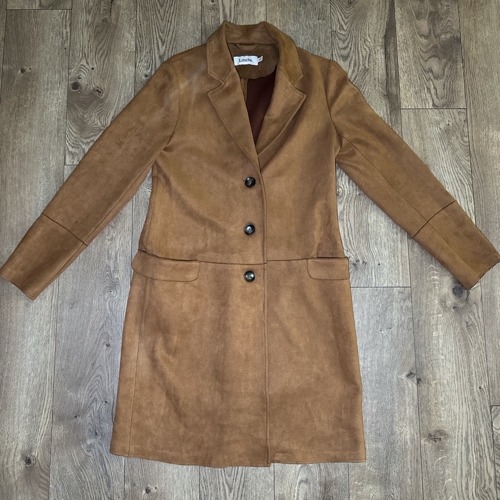 Louche- microsuede long coat with button closure and two front pockets.
